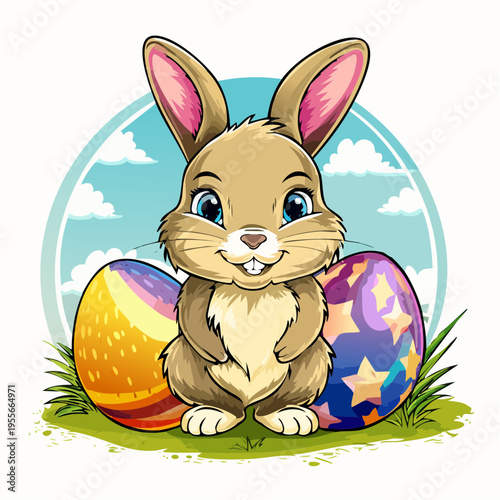 Niedlicher Osterhase mit bunten Ostereiern im Frühlingsstil