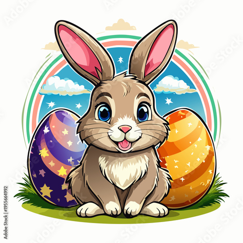 Niedlicher Osterhase mit bunten Ostereiern im Frühlingsstil