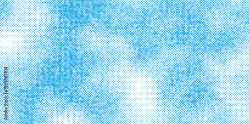 Abstract sky background with blue halftone dots and dotted cloud shapes vector design