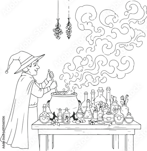 A witch stirring a bubbling cauldron surrounded by candles and potions