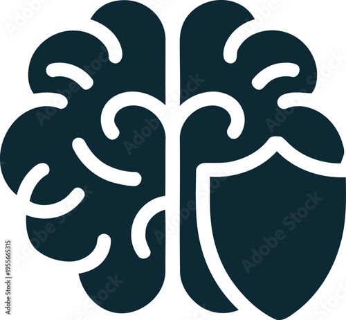 Dark silhouette icon visually combining a human brain structure with a protective shield symbolizing mental defense, cognitive security, or psychological.