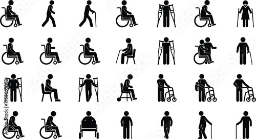Disability silhouettes icons wheelchair crutches cane walker accessibility mobility support healthcare people black shadow vector illustration set