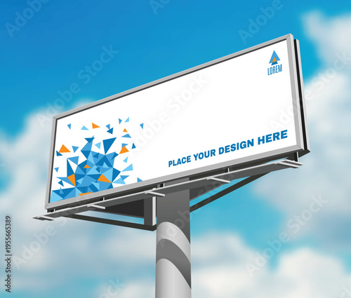 A blank outdoor advertising billboard stands against a clear blue sky, providing an empty banner space for a commercial marketing message, business announcement, or promotional street poster display