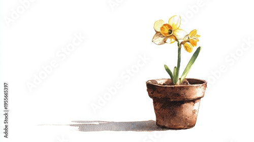Watercolor Painting Clay Pot with Narcissus Flower