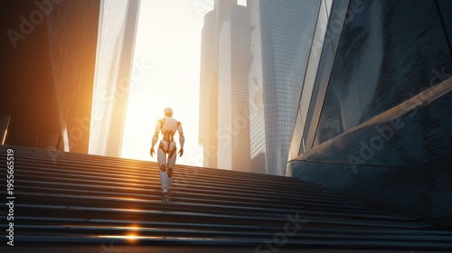 Humanoid Robot Climbing Steps Toward Future Business Growth in City