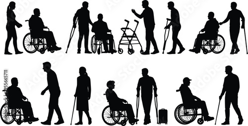 Disabled people silhouettes wheelchair crutches cane walking mobility support accessibility healthcare lifestyle black shadow vector illustration set