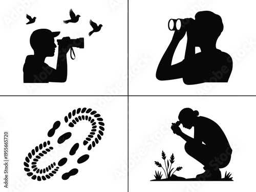 Silhouette of people enjoying outdoor activities: bird watching, using binoculars, tracking footprints, and observing plants, Plant Observation