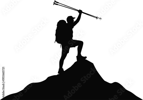 Silhouette of a triumphant hiker standing on a mountain peak, raising trekking poles in victory gesture, reaching summit
