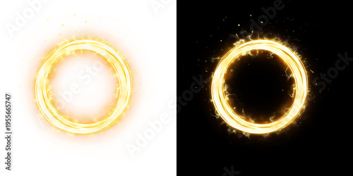 Bild auf Leinwand Glowing golden magic portal ring featuring realistic fire sparks, dynamic energy lightning effects, and a burning flame circle, completely isolated on a transparent background