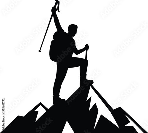 Silhouette of a mountaineer on a sharp mountain summit, holding trekking poles high, celebrating achievement and victory