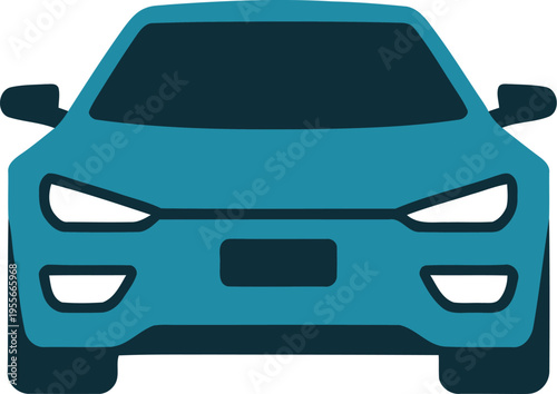 Modern blue automobile front view displays sleek design and bright headlights, representing personal transportation and vehicle technology.
