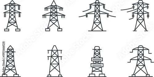 Collection of high voltage electricity transmission towers line icons isolated on white background power grid pylons vector set