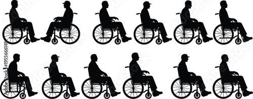 Wheelchair side view silhouettes disabled people mobility accessibility independence healthcare support lifestyle black shadow vector illustration set