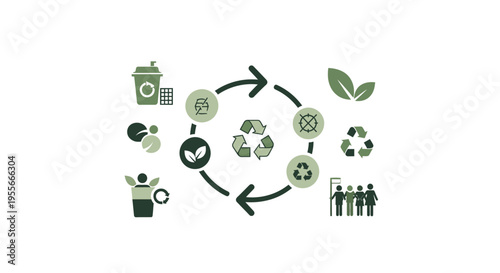 Eco-friendly recycling process with people and icons in a circular motion