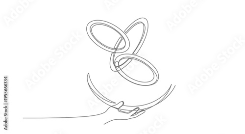 Abstract linked rings held by a hand, continuous line art, minimalist design