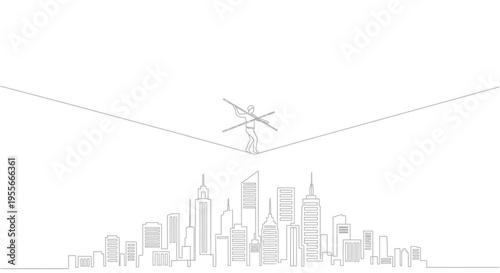 Tightrope walker balancing over city skyline, conceptual illustration of risk and balance