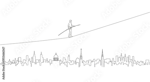 Tightrope walker balancing over city skyline, concept of risk and ambition