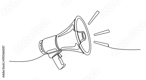 Continuous line drawing of a megaphone, symbolizing announcement and communication.