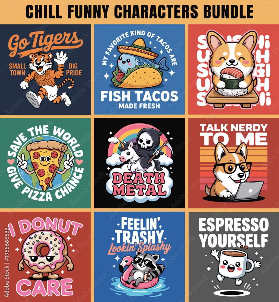 Fototapeta premium Cute Funny Cartoon T Shirt Design Bundle Food Animal Humor Kawaii Style Graphics Pack