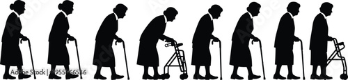 Elderly walking progression silhouettes senior people aging stages with cane and walker mobility support old age black shadow vector illustration