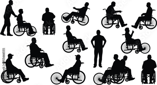 Wheelchair users silhouettes disabled people mobility independence accessibility lifestyle support healthcare black shadow vector illustration set