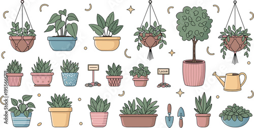 Collection of indoor plants and gardening elements vector illustration including hanging pots succulents tree watering can and tools