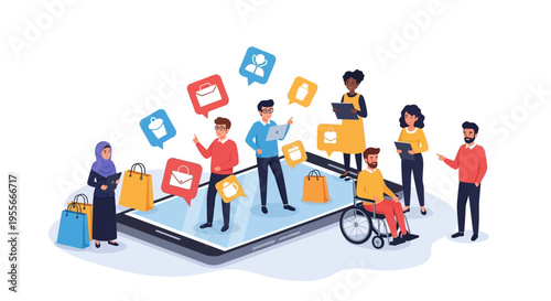 Diverse Online Shoppers on Mobile: Global E-commerce, Digital Retail & Inclusive Customer Experience with Shopping Apps and Technology