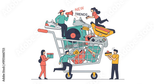 People Shopping for New Trends: Dynamic Illustration of Consumerism and Modern Lifestyle with Shopping Cart