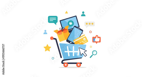 Online Shopping and E-commerce Concept with Digital Devices, Credit Card, and Interaction Icons - Flat Design