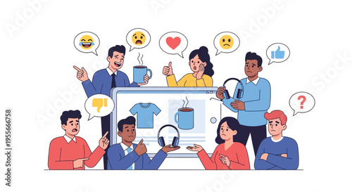 Online Customer Feedback & Product Reviews: Diverse Consumer Reactions, Emotions & Opinions to E-commerce Items. User Experience & Shopping Evaluation Concept.