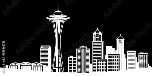 USA, US, U.S, United States - Seattle skyline space needle minimal svg line vector black white