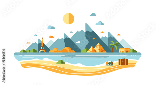 A serene illustration of a beach scene with mountains landscape and travel elements under a sunny sky.