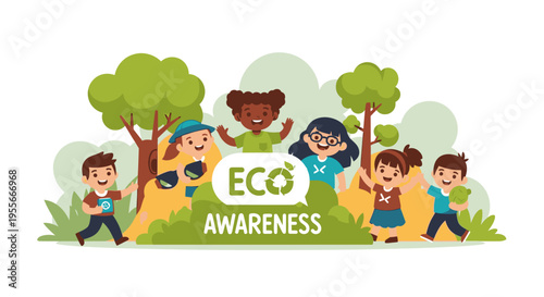 Children participate in an eco awareness event outdoors with trees