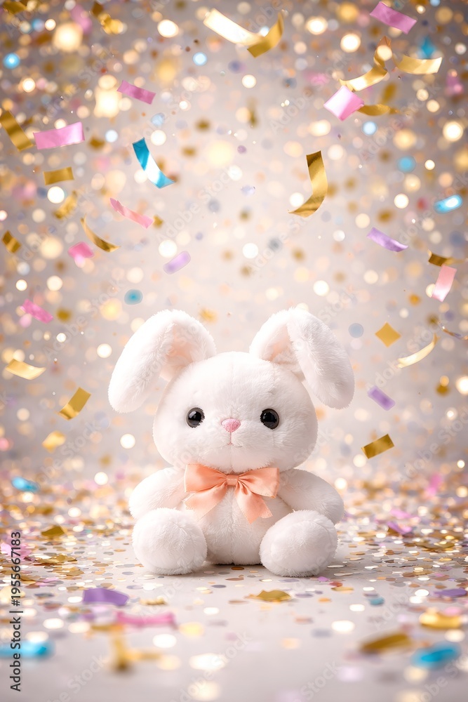 Fototapeta premium 3D white plush bunny rabbit sitting in colorful confetti and glitter