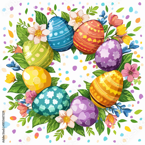 Frühlingshafter Blumenkranz mit dekorierten Ostereiern