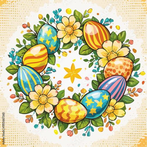 Frühlingshafter Blumenkranz mit dekorierten Ostereiern