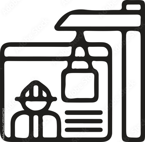 A black and white line art icon depicting a construction worker beside a large overhead crane hoist