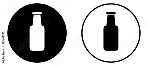 Ilustración de Botella con estilo minimalista. Conjunto de iconos circulares en blanco y negro. Vector para sitio web, tiendas, folleto, app y otros.