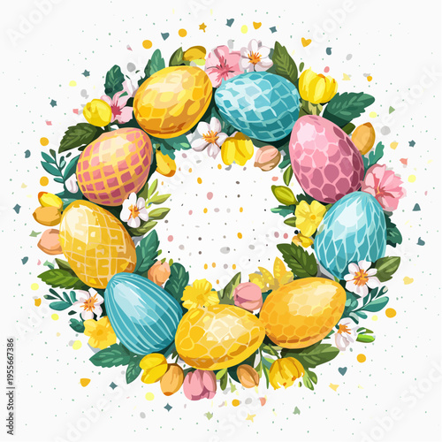 Frühlingshafter Blumenkranz mit dekorierten Ostereiern