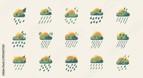 Set of Stylized Weather Icons with Clouds and Rain in Flat Design Minimalist Aesthetic