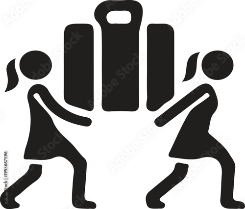 A minimalist black and white icon showing two women working together to lift a heavy luggage bag