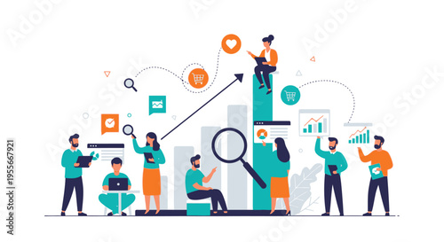 Digital Business Growth: Collaborative Team Analyzing Data for E-commerce & Marketing Strategy