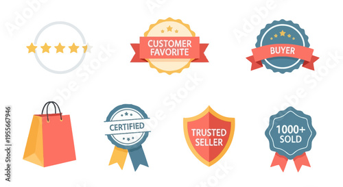 E-commerce Trust Badges Icon Set: Customer Favorite, Trusted Seller, 1000+ Sold, Certified, Star Rating, Buyer - for Online Shopping & Business