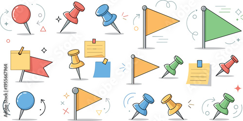 Colorful push pins flags and sticky notes vector set for office organization planning reminders and task management design elements