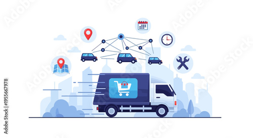 Efficient E-commerce Delivery Logistics Network Illustration: Fast Truck, Connected Fleet & GPS Tracking