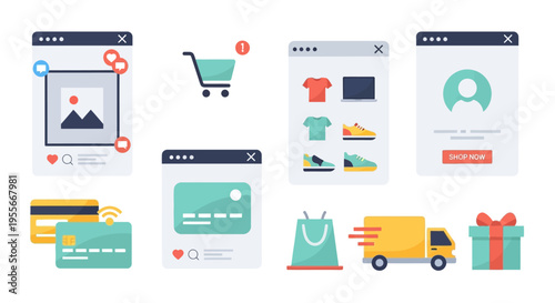 E-commerce & Online Shopping Flow Icons: Digital Retail Experience and Customer Journey