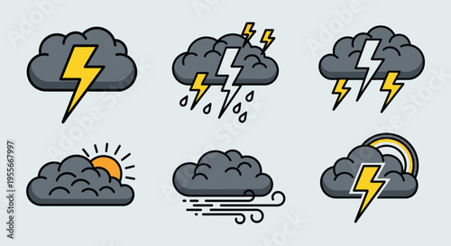 Stormy Weather Icon Set featuring Lightning, Thunder, Rain, Wind, Sun, and Rainbow Illustrations