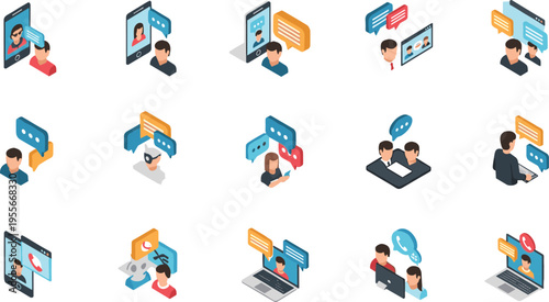 Online communication chat people messaging video call social media interaction digital conversation technology flat vector illustration set