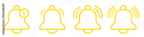 Notification bell icon set. Alarm symbol. Incoming message symbol. Bell for subscribe, alarm and push chat alert. New notification, reminder