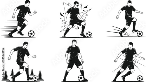 Set of soccer player dribbling drills and training poses with ball, dynamic motion, vector illustration collection